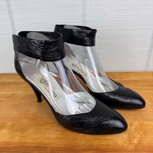 Vintage Pollini Ruched Black Leather Heels Pumps Ankle Strap 39.5